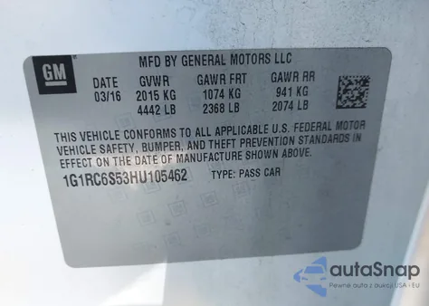 2017 Chevrolet Volt Lt z USA, uszkodzony, nr VIN 1G1RC6S53HU105462